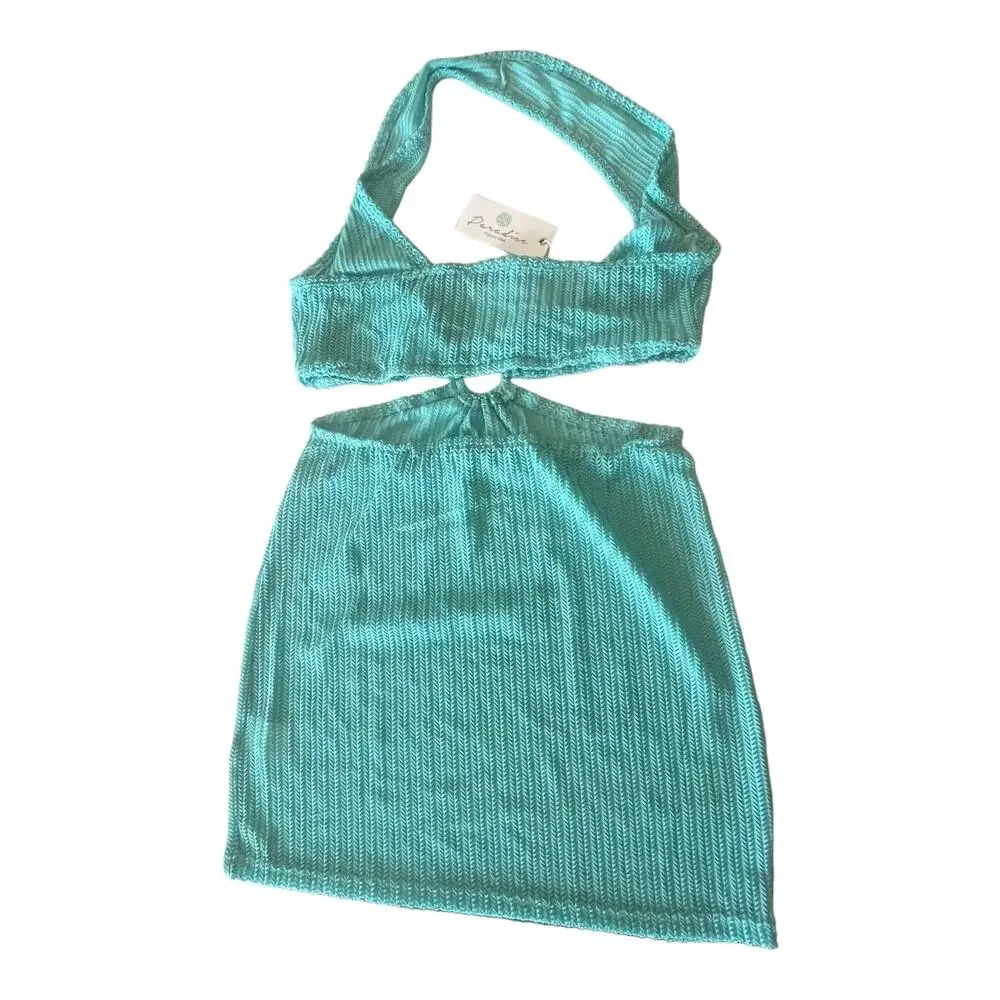 NEW Cut Out Crochet Beach COVER UP DRESS Teal Green Bodycon LG Plunge Halter